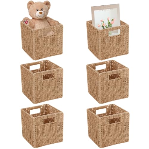 6 Pack 8.7 Inch Wicker Baskets, Hand Woven Paper Rope Storage Baskets, Foldable Cube Storage Bins Organizer Square Wicker Cubes for Shelves Pantry Organizing & Decor