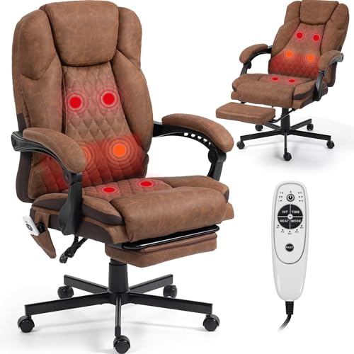 WENTUM Massage Office Chair with Foot Rest, 6 Points Vibration Heating Executive Chairs Ergonomic Home Office Desk Chair with Reclining Backrest, Adjustable Arms and Lumbar Support-Brown