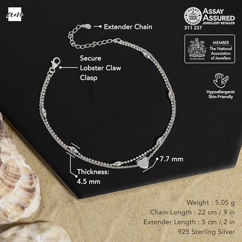 Image of Amberta Italian Sterling Silver Anklet for Women 925 | Adjustable Ankle Bracelets for Women Beaded Heart Summer Jewellery