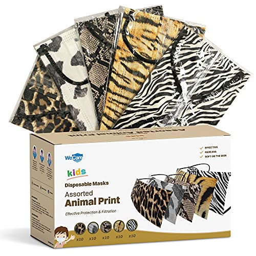 Wecare disposable face masks for kids, 50 animal print masks, ind…
