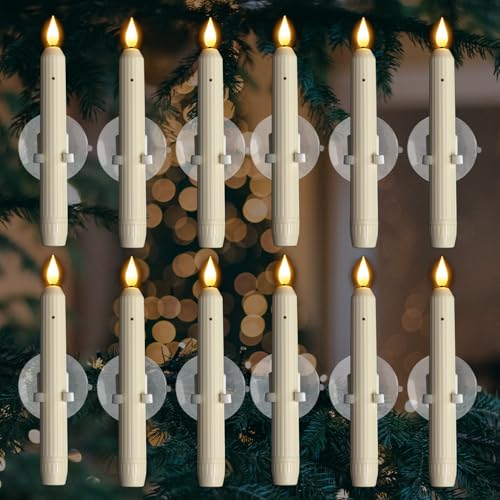 Homemory 12 Pcs Window Candles with Sensor Dusk to Dawn Ivory Striped Candlesticks with Suction Cups Roman Column Christmas Window Candle Battery Operated Flameless Led Taper Candles for Windows