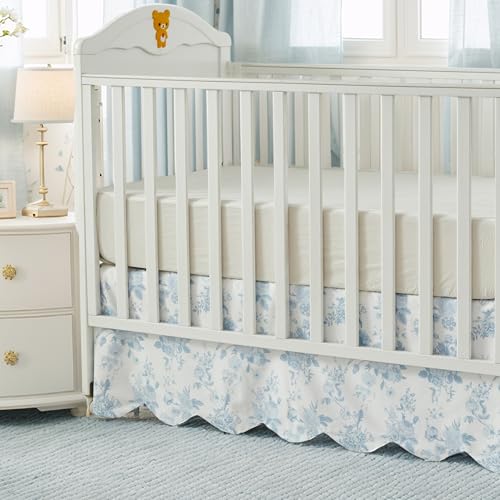 Image of Brandream Scallop Edge Cotton Crib Skirt, Baby Girl, French Country Blue Toile Crib Skirt Toddler Bedskirt Farmhouse Chic Nursery Crib Bed Skirt, Boho Bohemian Vintage Grandmillennial Floral Print