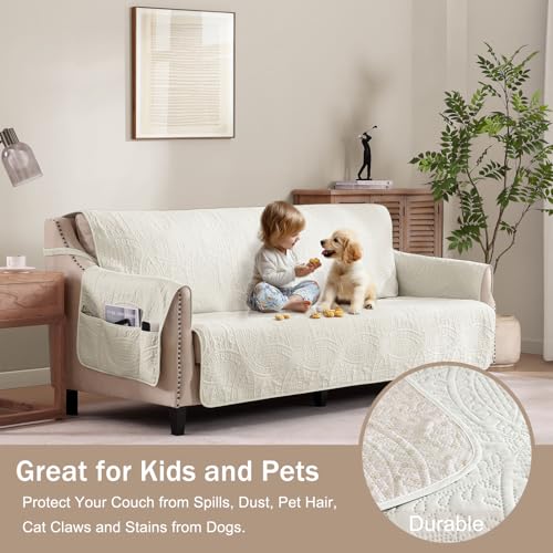 Image of Stay in Place Ivory White Quilted Loveseat Couch Cover for 2 Cushion Couch, Water Repellent Love Seat Quilted Sofa Covers Washable, Pet Friendly Slipcovers (Loveseat 48 inch, Ivory White)
