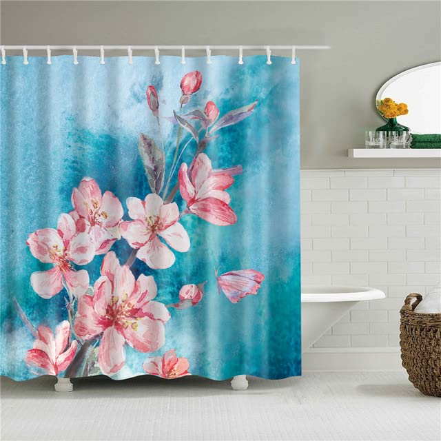 XCBN 3D Flower Plum Blossom Lotus Lavender Rose Shower Curtains Bathroom Curtain Frabic Waterproof Polyester Bath Curtain with Hooks A27 150x180cm