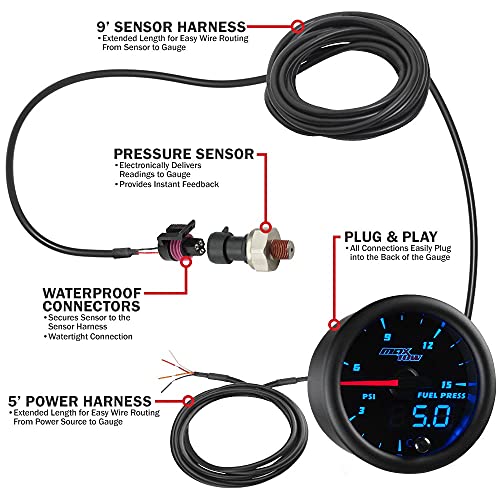 Maxtow Double Vision 15 Psi Fuel Pressure Gauge Kit - Includes Electronic Sensor - Black Gauge Face - Blue Led Illuminated Dial - Analog & Digital Readouts - 2-1/16" 52Mm #TOP1