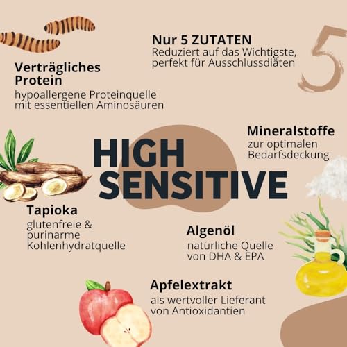 BugBell 400g Nassfutter Sensitive, Nassfutter Schonkost, Nur fünf Komponenten, Hypoallergen, Purinarm, für Allergikerhunde, Insekten Hundefutter bei Ausschlussdiäten