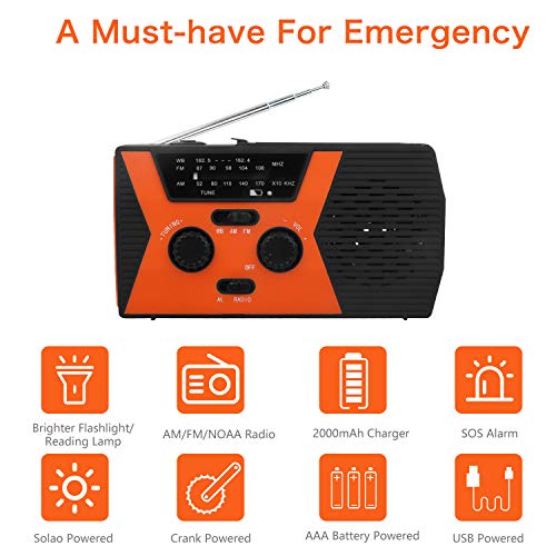 2020 Upgraded Emergency Solar Hand Crank Radio, RegeMoudal Hand Crank AM/FM/NOAA Weather Radio with Flashlight, Reading Lamp, 2000mAh Power Bank,USB Cell Phone Charger and SOS Alarm - Thumbnail 4