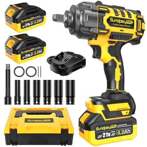 Llave de Impacto Inalámbrica 1300Nm, Pistola de Impacto Bateria 1/2' con 2 Baterías 4.0Ah, Motor Brushless, 3 Velocidades + Modo RSS, Maletín y 6 Enchufes, para Mecánica, Construcción & Bricolaje