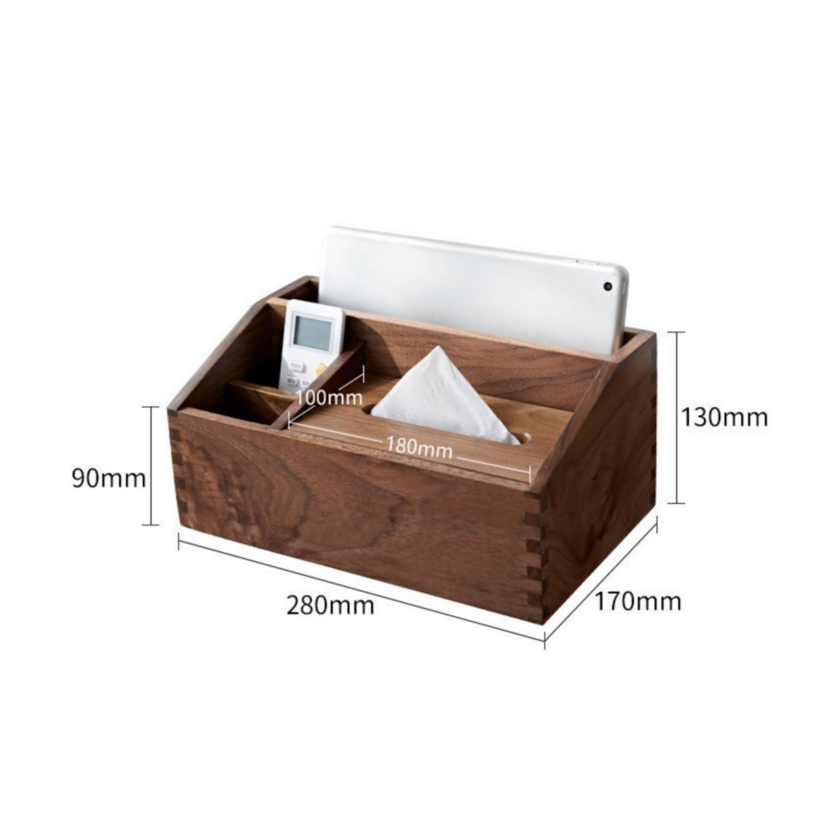 Baoblaze Portatovaglioli Multipuso Porta Fazzoletti Scatola Organizer Contenitore Portapenne in Legno con Sezioni Laterali per Penne Utensili E Telecomandi per Tavolo Salotto, Nero Noce Americano