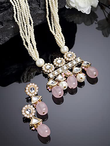 Karatcart Gold Plated Pink Tumble and Pearl Rani Haar Necklace Set for Women - Image 5