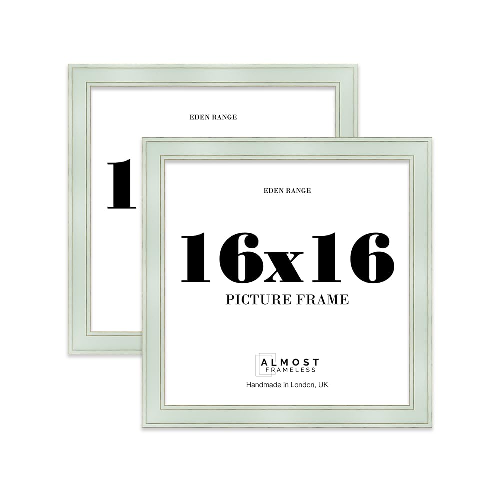 16x16 Sage Green Picture Frame - Shabby Chic Photo Frame with Distressed Finish, Gold Trim, Wall Hooks, 37mm Edge - 2 Pack