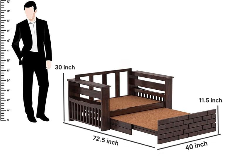 Image of Solid Sheesham Wood Sofa Cum Bed 2 Seater | Wooden Foldable Double Bed for Living Room with Headboard & Storage | Bed Cum Sofa with Mattress for Bedroom Furniture (Walnut Finish)