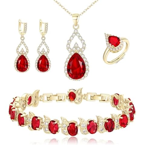 BriLove Wedding Jewelry Set for Women Bride Bridesmaid, Gorgeous Cubic Zirconia Teardrop Necklace Earrings Bracelet Adjustable Ring Set Gift for Birthday/Anniversary Ruby Color Gold-Tone Cover