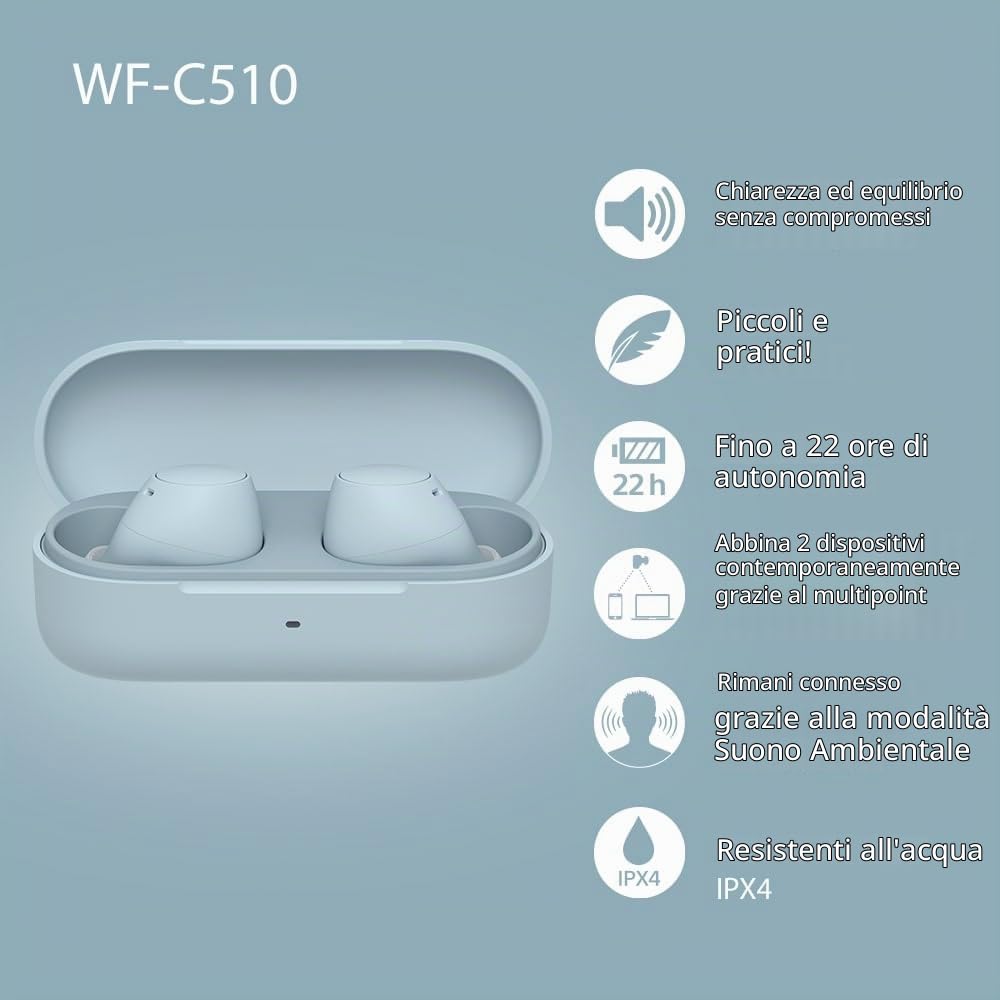 Sony WFC510 | Cuffie True Wireless - Piccole e leggere, Connessione Bluetooth Multipoint, Ambient Sound, Classificazione IPX4, Spotify Tap, Blu (Ricondizionato)