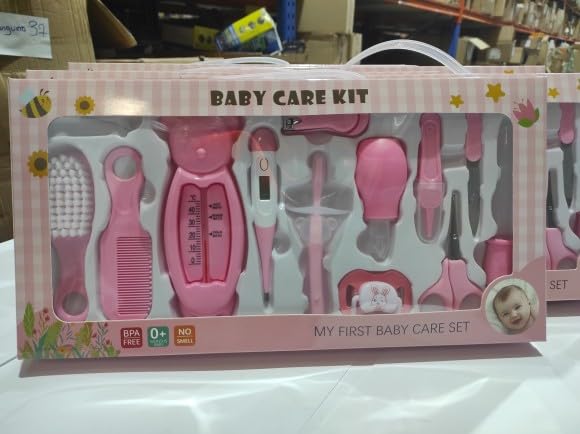 MayMax Set para Cuidado del Bebe 13 en 1 Rosa - Kit Completo de Higiene Infantil con Tijeras, Cepillo, Lima y Mas, Accesorios Suaves con Estuche Organizador