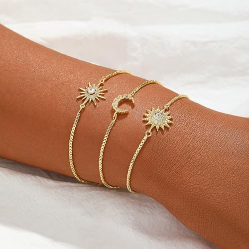 Dainty Bracelets for Women, 14k Gold Plated/Silver Layered Charms Bracelet Herringbone Satellite Beads Box Rope CZ Bracelet Adjustable Cuba Link Chain Bracelet Set Jewelry Gifts3