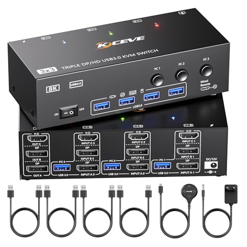 KVM Switch 3 Monitores 3 PC 8K@60Hz,4K@144Hz,HDMI Displayport Triple Monitor KVM Switch,3 Monitor Conmutador KVM con 4 Puertos USB 3.0 para Teclado y Ratón, Control Remoto y Adaptador DC/12V Incluidos