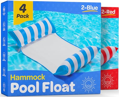 Pool Floats for Adults [4 Pack] Multi-Purpose Hammock Pool Float: Saddle, Lounge Chair, Hammock, Drifter - Water Hammock for Adults in Swimming Pools - Red/Blue Colors Pool Float Lounger (44" X 26")