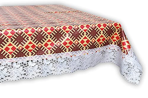 Image of The Furnishing Tree Waterproof PVC Rectangle Shaped 10 Seater Table Cover WxL 60x120 inches Surface Pattern Brown with White Border lace