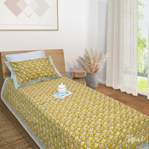 Image of TOAI Hand Block Printed Bedsheet | Bed Sheet Flatsheet | Pure Cotton | Single Bed Size 60 inchx90 inch | 300 TC Long Staple Cotton | 1 Reversible Pillow Cover |Pink Floral Pond