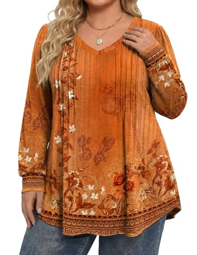 Image of IN'VOLAND Womens Plus Size Shirts V Neck Puff Long Sleeve Tops | Loose Fit, Dressy Casual Blouse, Pleated, Fall Outfits, Business Work TShirts, Basic Tees