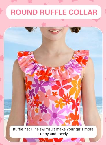 Image of XiaoMoSha Girls Swimsuits Ruffled Round Neck One Piece Bathing Suits Quick Dry UPF 50+ Summer Hawaii Swimwear for Kids 3-10T