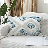 Merrycolor Boho Throw Pillow Covers 12x20 Blue Decorative Lumbar Pillow Covers with Tassels for Couch Bed Sofa Textured Tufted Pillow Covers, Light Blue and White