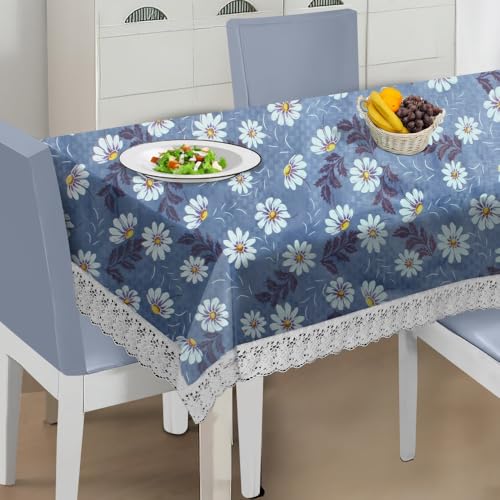 Image of The Furnishing Tree Waterproof PVC Rectangle Shaped 10 Seater Table Cover WxL 60x120 inches Floral Pattern Blueish Grey with White Border lace