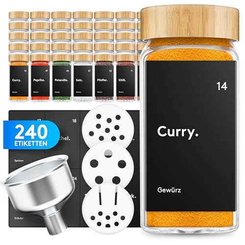 ZMILLA® Gewürzgläser Set Bambus [24 Stück] Eckig mit Streueinsatz | Inklusive 240 Etiketten +...