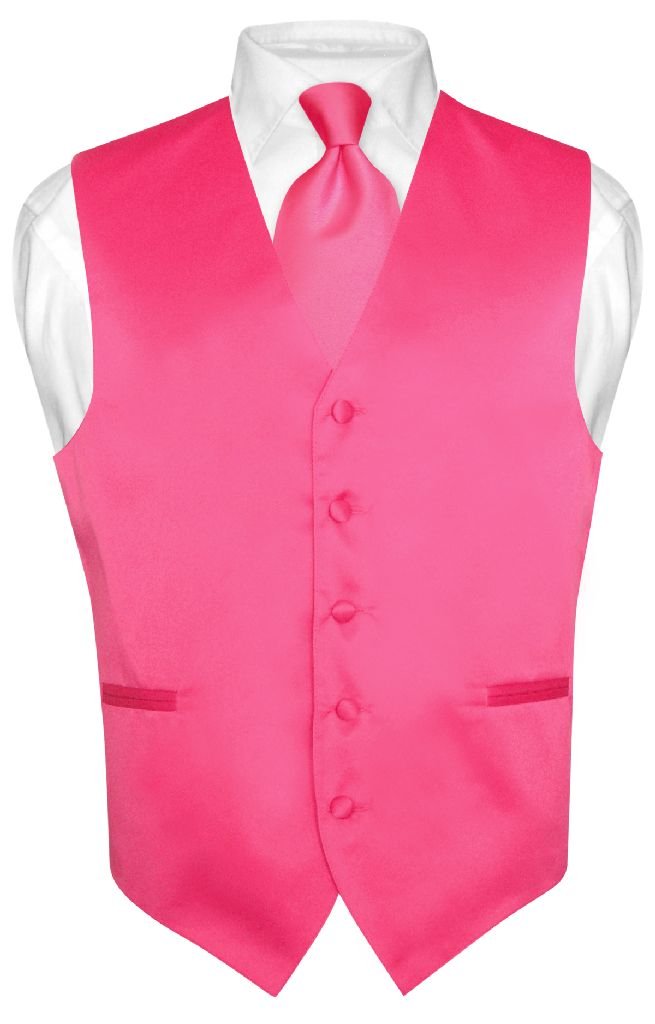 Men's Dress Vest & Necktie Solid HOT Pink Fuchsia Color Neck Tie Set-image-20