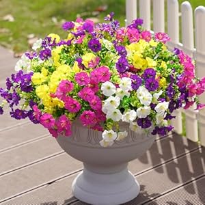 Artificial Outdoor Flowers Fake Plants for Spring Summer Decoration, 12 Bundles Silk Morning Glory Eucalyptus UV Resistant Realistic Colorful Faux Flowers for Outside Planter Porch Yard Patio Balcony