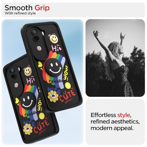Image of Pikkme Back Cover for iQOO Z9s 5G / Vivo V40e 5G | Soft Silicone| Cute Rainbow Smile & 3D Cartoon Flower Design | Shockproof Raised Camera Protection Bumper Case (Black)