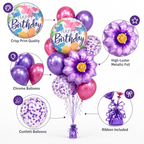 Image of AMFIN (Pack of 20) 17 Inch Butterfly Theme Birthday Balloon Bouquet Purple Chrome Metallic Finish Foil Latex Confetti Women Girls Decoration Item Kit Rainbow Flower