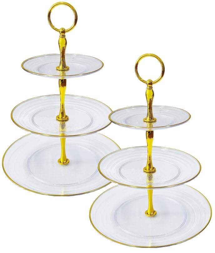 2 Pack of Dessert Cupcake Stand with Gold Trim, 3 Tier Cup Cake Holder Tower for Tea Party, Birthday, Wedding, Plastic Tiered Serving Tray, Clear