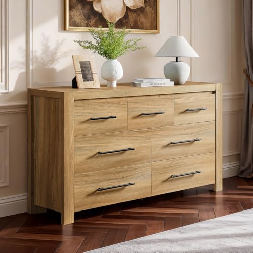 Image of 7 Drawer Dresser for Bedroom, 57.4 inch Wide Modern Chest of Drawers, Wooden Large Storage Cabinet with Sturdy Construction, TV Stand for Living Room, Hallway, Dining Room, Office (Natural Oak)