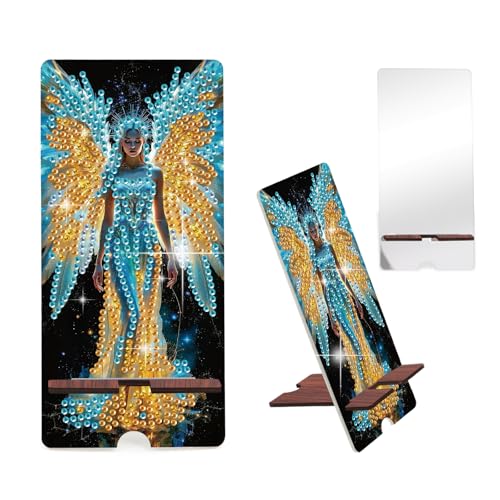 Image of Butterfly Fairy Diamond Painting Phone Stand with Mirror, DIY Wooden Diamond Art Desktop Holder, 2-in-1 Multi-Functional Diamond Painting Tabletop Ornament for Home and Office