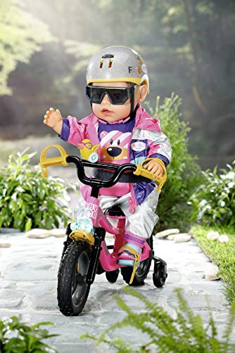 BABY born Fahrrad - Pinkes Puppenfahrrad für 43 cm Puppen mit gelben Schutzblechen, beweglichen Rädern mit Stollenprofil, Gurtsystem, Hupe, Blinklicht und Trinkflasche, 830024, Zapf Creation – Bild 6