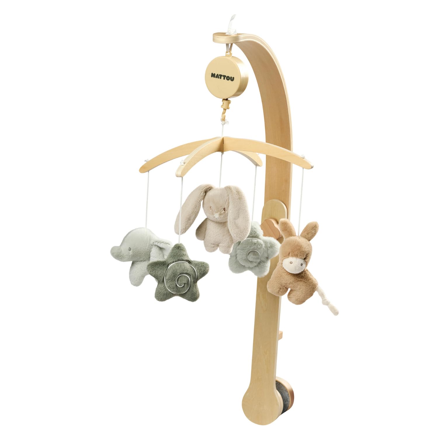 Nattou Loulou Móvil Musical de Madera para Bebé, Carrusel Cuna Bebe, Regalo para bebé, Regalo de Nacimiento, 50 x 40 x 74 cm, Colores Suaves, Verde, Beige, Ecru