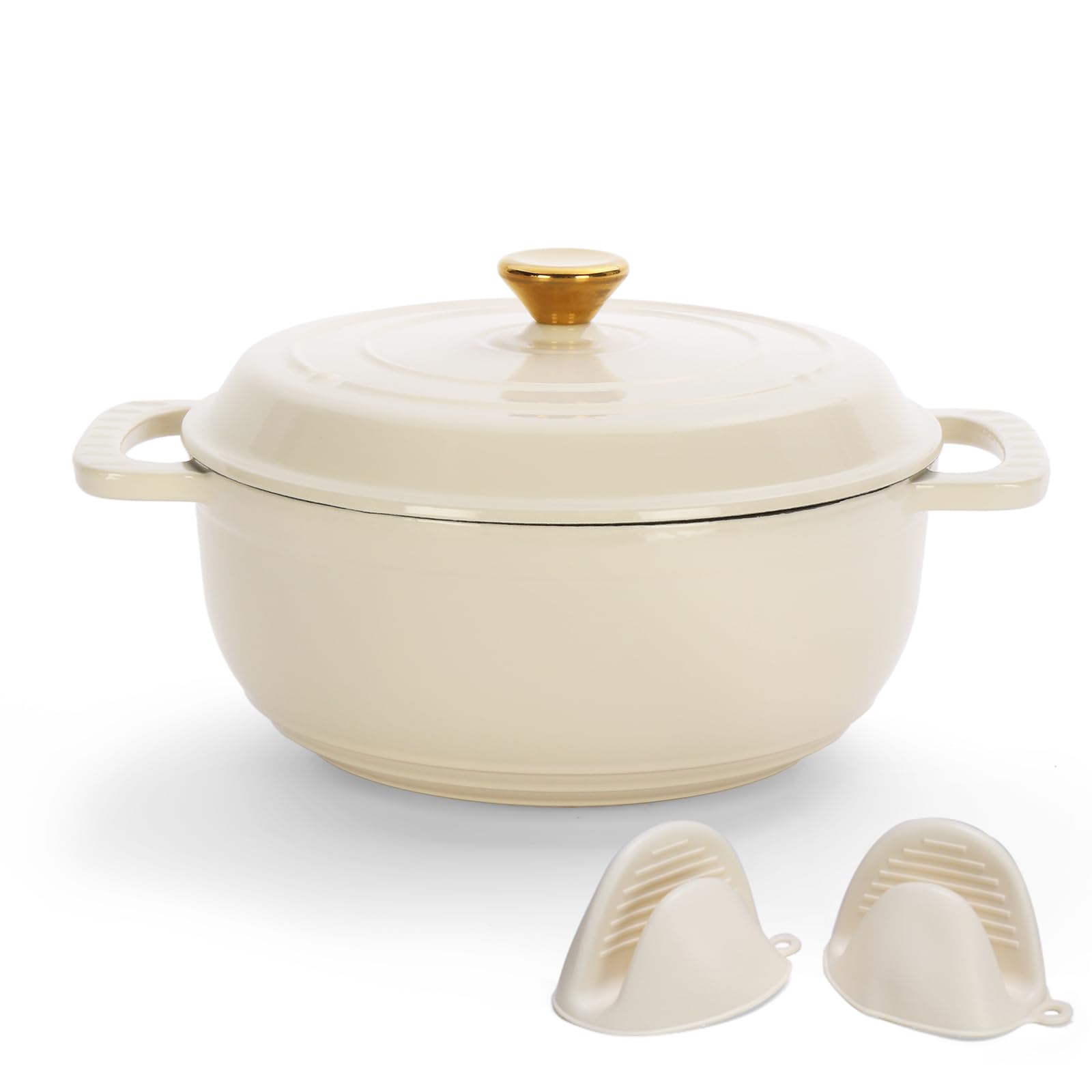 ROVSON Enamelled Cast Iron Dutch Oven, Casserole Dish with Lid and Silicone Gloves, Oven Safe Pot for Bread Baking, Braising and Stews (Ivory White, 5QT)