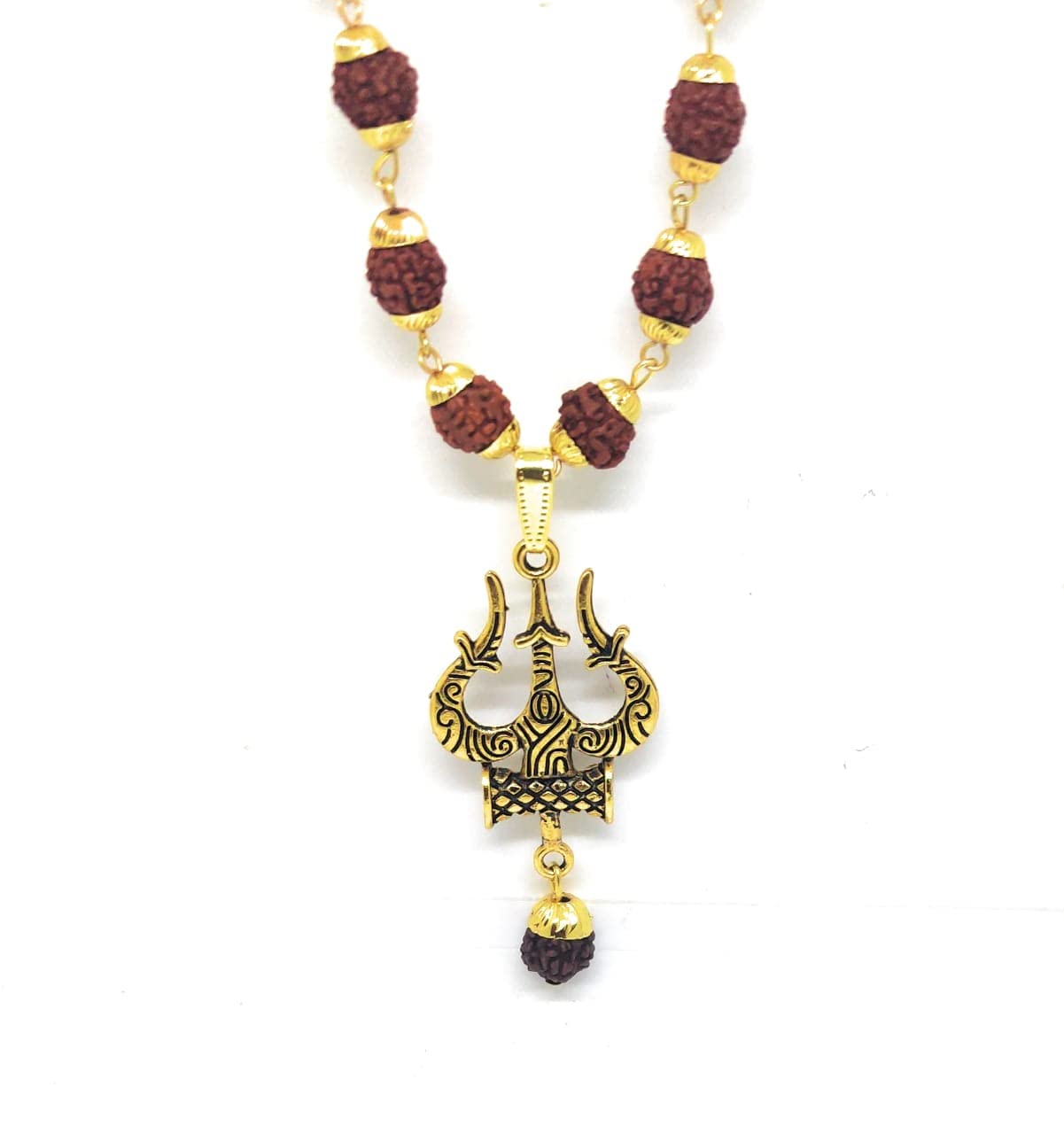 & Jewellery Trishul Damru Rudraksha Locket Mala Brown Brass Beads Neck Wearing Gold Plated Trishul Pendant for Men Women-image-9