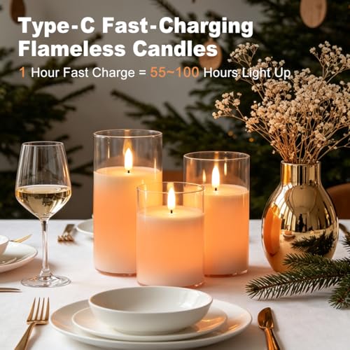 Image of LEDHOLYT Rechargeable RGB Flameless Candles, Clear Glass LED Pillar Candle with Remote & Timer, Set of 3 - Color-Changing Decorative Candles for Living Room, Bedroom, Holiday Decor & Gifts for Women