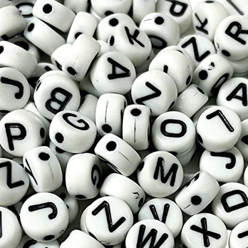 300 Miçangas Brancas Conta Letras Pretas Redondas Alfabeto Completo Para Colar Infantil Pulseira Art