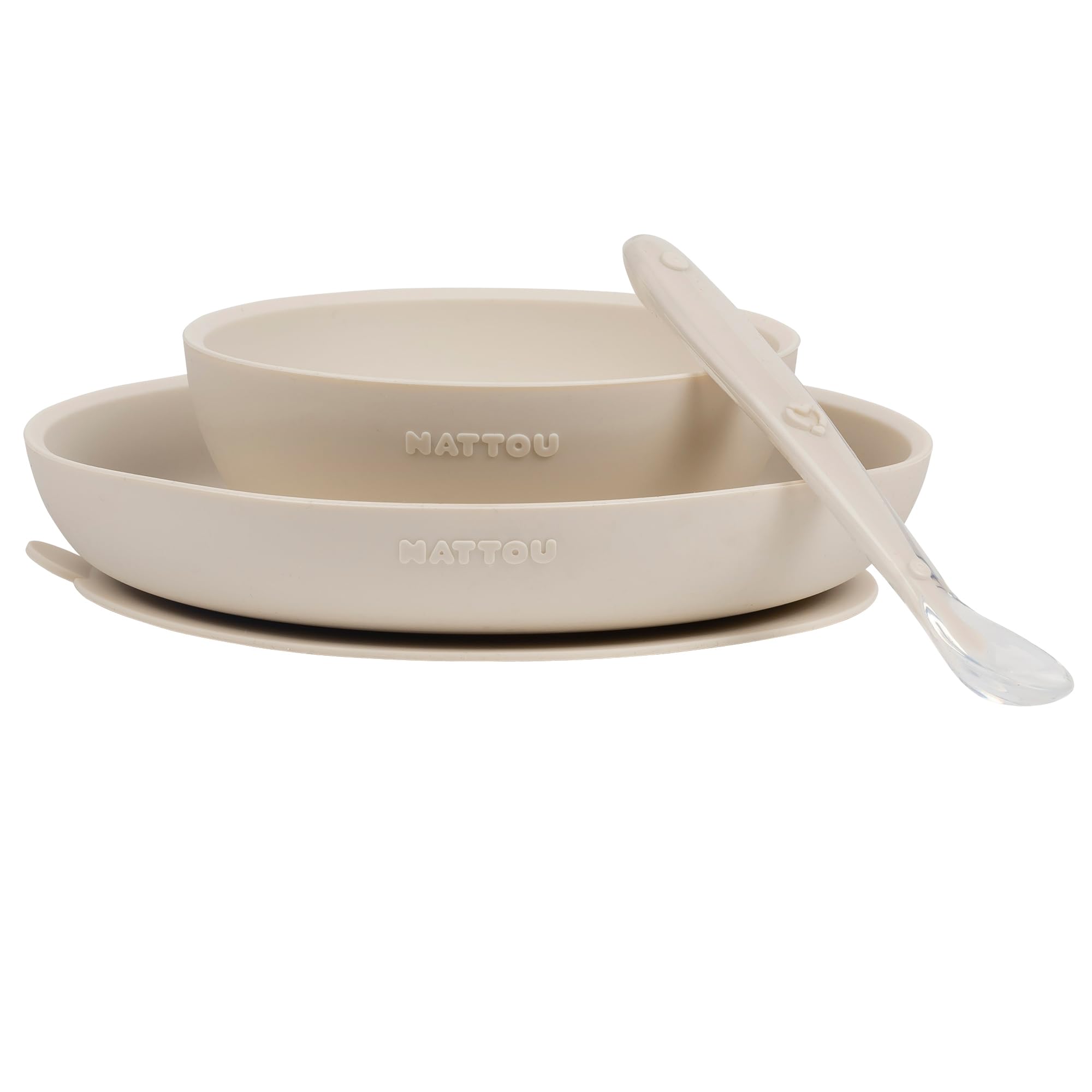 Nattou Set da Tavola in Silicone per Bambini, 3 Pezzi, 1 Cucchiaio, 1 Piatto, 1 Ciotola, Antiscivolo, Privo di BPA, Silicone, Argilla