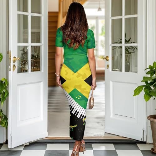 Image of Womens Short Sleeve Jamaican Flag Midi Bodycon Dress