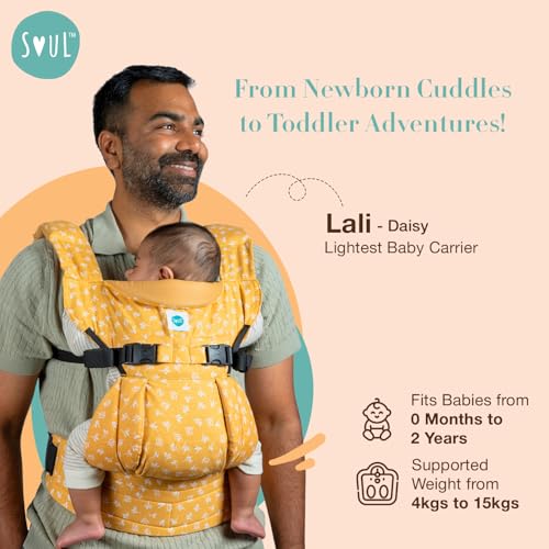 Image of SOULSLINGS 4-in-1 Lali Baby Carrier Bag - Daisy - Cotton | Compact & Lightweight (400g) | Adjustable for 0-24 Months (4-15kg) | Machine Washable & Handwashable | Breastfeeding Friendly