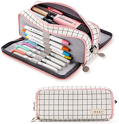 LIENJAER Large Pencil Case Big Capacity 3 Compartments Canvas Pencil Pouch for Teen Boys Girls School Students
