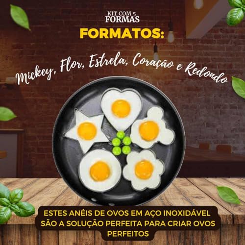 Kit 5 Moldes de Aço Inoxidável para Ovos, Panquecas, Tapiocas e Biscoitos, Formatos Coração, Estrela