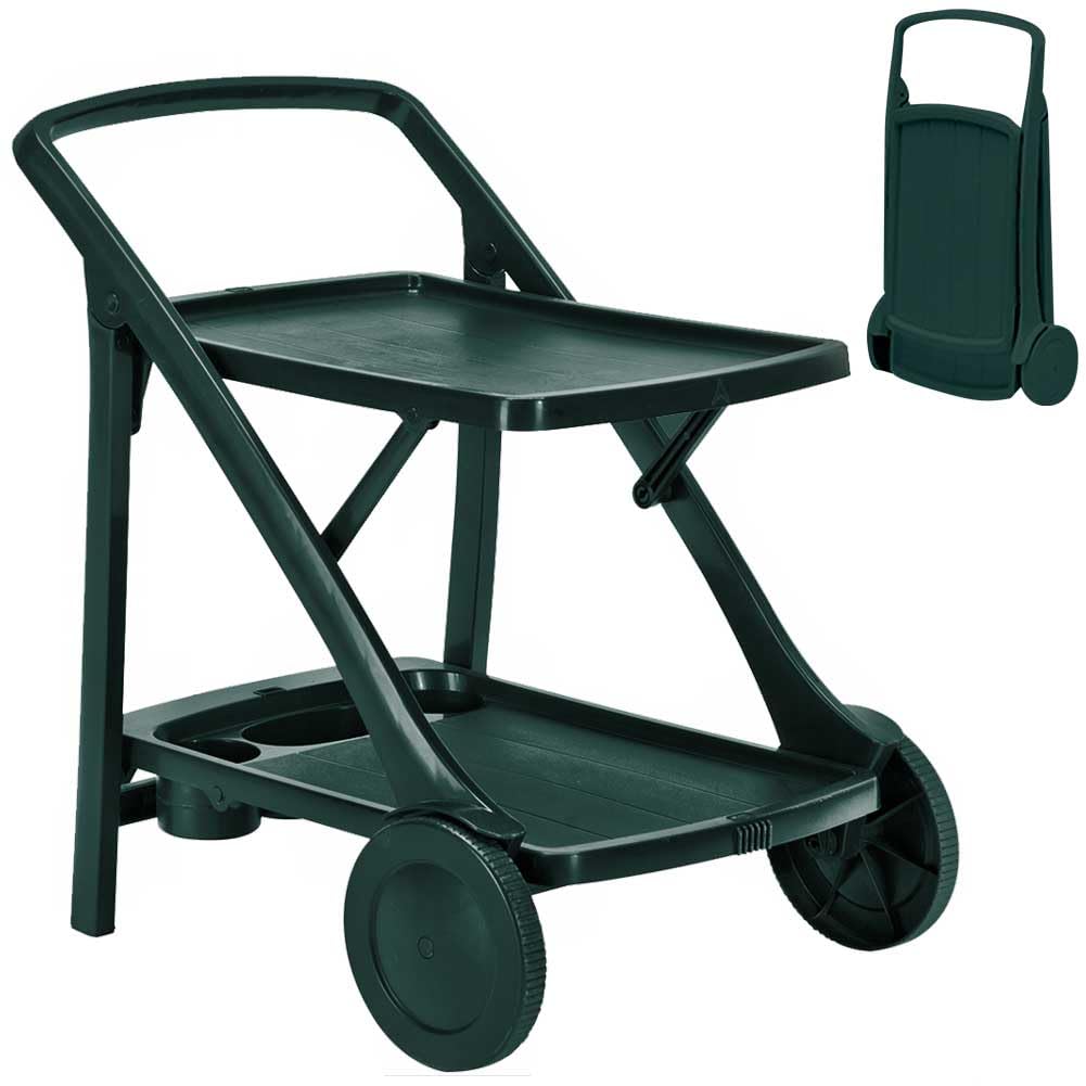 Carrello Cucina Portavivande Esterno in Resina Verde con Vassoio Portabottiglie