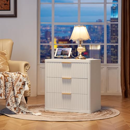 Image of LEYAOYAO 23 inch Wide Fluted Farmhouse Night Stand Set of 2 with Charging Station, 3 Drawers Large End Table w /Metal Handle,Wood Nightstand for Bedroom, Closet,Antique White