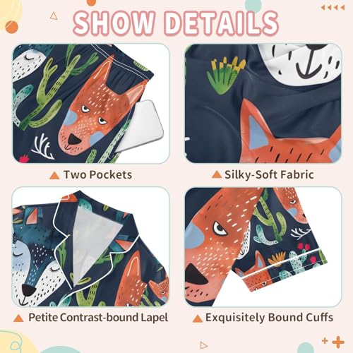 senya Foxs Face Cacti Satin Summer Pajama Sets Silk Short Sleeve Button Down Sleepwear3